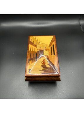 Handcrafted Wooden Jewelry Box Venetian Canal Inlay Burlwood Brass Feet Vintage